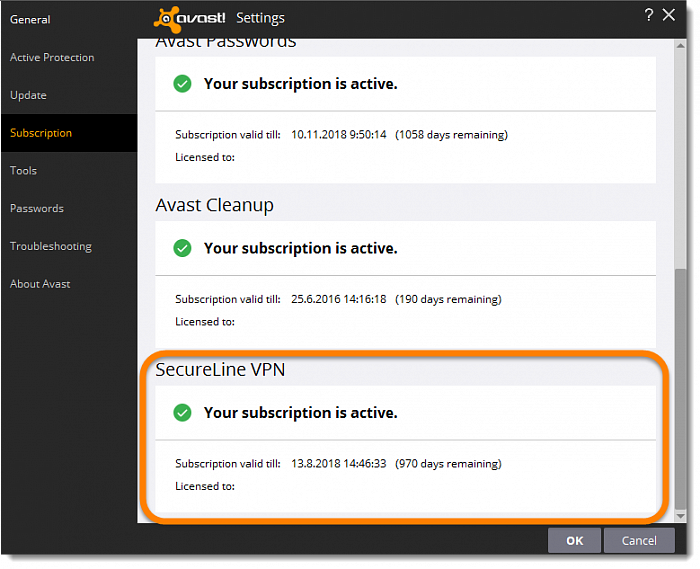 avast secureline status